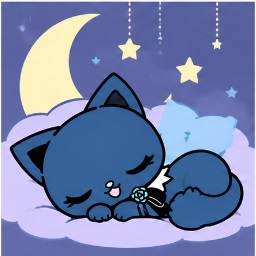 Adorozatorumary sleeping peacefully on a pastel cloud beneath the crescent moon and hanging stars