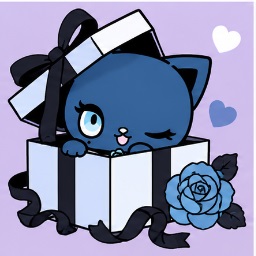 Adorozatorumary peeking out of an elegant gift box with black ribbon and a blue rose