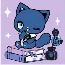 Adorozatorumary sitting on vintage hardbound books next to an antique blue rose ink bottle