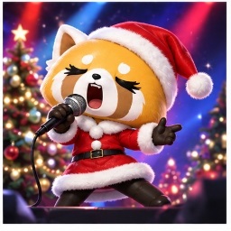 Retsuko dressed in a red Santa Claus suit performing death metal at Christmas