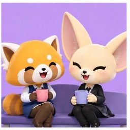 Retsuko and Fenneko relaxing together on an office couch with coffee mugs