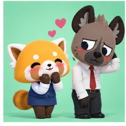 Retsuko blushing with pink hearts beside a bashful Haida in office attire