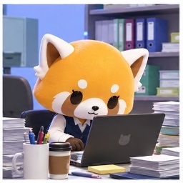 Retsuko working at her accounting desk with coffee and stacks of paperwork