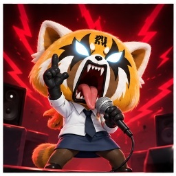 Aggretsuko in full death metal rage mode screaming into a microphone