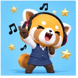 Aggretsuko wearing headphones with music notes and stars celebrating ranking popularity