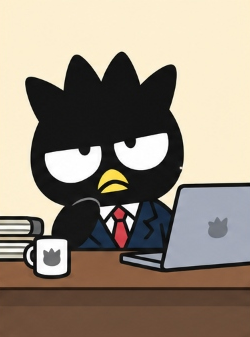 Bad Badtz-Maru dressed in a suit and tie working at an office desk