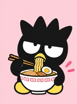 Bad Badtz-Maru eating a hot bowl of ramen with chopsticks