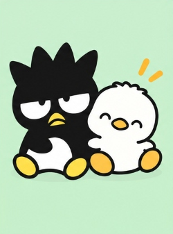 Bad Badtz-Maru sitting affectionately beside his best friend Good Hana-Maru