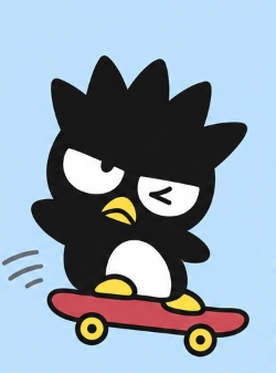 Bad Badtz-Maru skateboarding cheerfully with a winking expression