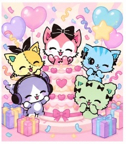Beatcats celebrating an anniversary party with a tiered cake and gift boxes
