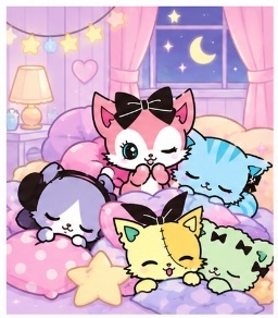 Beatcats members having a cozy bedroom sleepover with starry pillows and pastel blankets