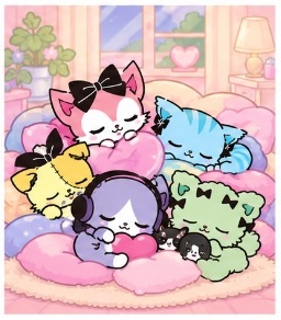 Beatcats lounging on a fluffy living room rug after dance practice