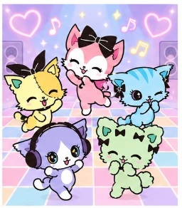 Beatcats performing a synchronized dance routine surrounded by colorful musical notes