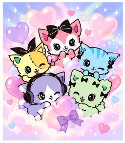 Beatcats floating in a dreamscape surrounded by shimmering Dokidoki Color hearts