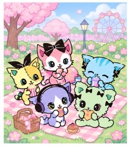 Beatcats enjoying an outdoor picnic in a green meadow with a ferris wheel in the background