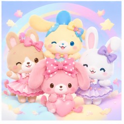 The Cheeristails rabbit unit: Marroncream, USAHANA, Wish Me Mell, and Bonbonribbon under a rainbow