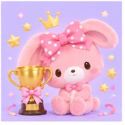 Bonbonribbon celebrating her Sanrio Character Ranking climb with a golden trophy and crown