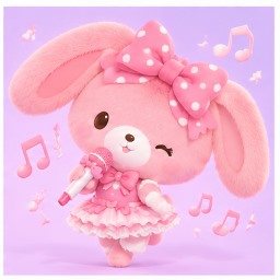 Bonbonribbon singing into a microphone on a stage surrounded by musical notes