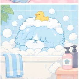 A fluffy blue Bosanimal enjoying a warm bubble bath with a rubber duck