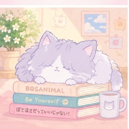 Cathy the Bosaneko cat resting comfortably atop books titled Be Yourself