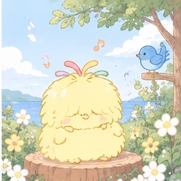 A fluffy yellow Bosatori bird character singing alongside a bluebird