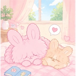 Sakura the Bosausa rabbit enjoying a peaceful nap in bed with a book