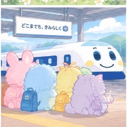 Bosanimals with travel backpacks waiting on a train platform next to a Shinkansen bullet train