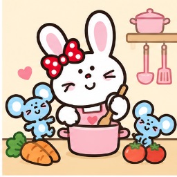 Bunny cooking in the kitchen with the Matties helping