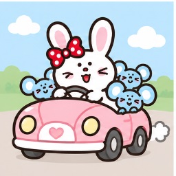 Bunny driving her pink car with the three Matties