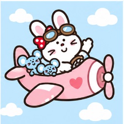 Bunny piloting a pink propeller plane with the Matties