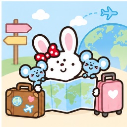 Bunny and the Matties packed with suitcases and a world map