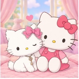 Charmmy Kitty sitting affectionately beside her owner Hello Kitty
