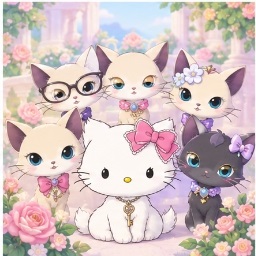 Charmmy Kitty pictured with the five Siamese siblings of the Jewelry Family