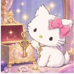 Charmmy Kitty admiring the antique jewelry box while wearing her lucky key necklace