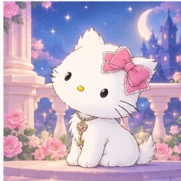 Charmmy Kitty sitting elegantly under a sparkling evening sky