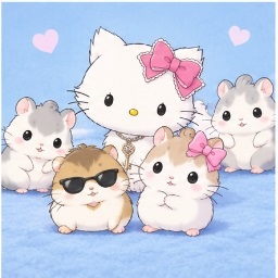 Charmmy Kitty surrounded by Sugar, Tiramisu, Biscuit, Chocolat, and Millefeuille