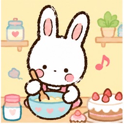 Cheery Chums illustration of Cham the rabbit girl in an apron happily baking a homemade cake