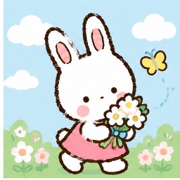 Cham holding a lush bouquet of colorful wildflowers in a sunlit outdoor garden
