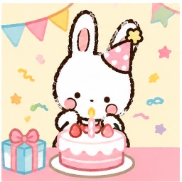 Cham celebrating a milestone with a party hat and a decorated frosted birthday cake