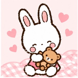 Cham hugging her beloved teddy bear with delicate pink hearts floating in the background