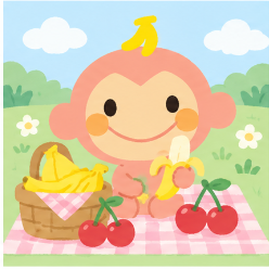 Chi Chai Monchan on gingham picnic blanket with bananas and cherries