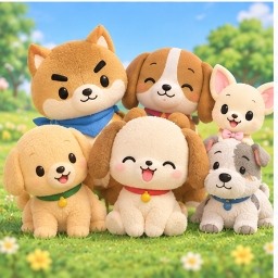 Chibimaru surrounded by his five dog friends
