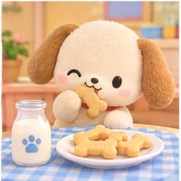 Chibimaru nibbling a bone-shaped milk cookie at a picnic table with milk