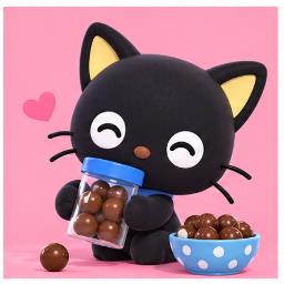 Chococat enjoying delicious chocolate balls and sweet treats