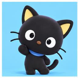Chococat waving cheerfully with bright eyes and blue collar