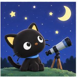 Chococat stargazing on a clear night with his telescope