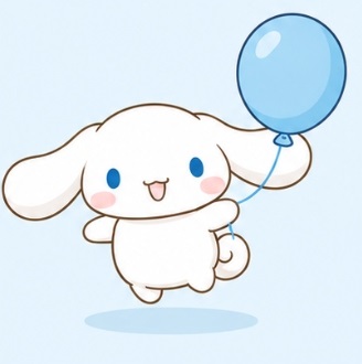Cinnamoroll floating happily with a blue balloon