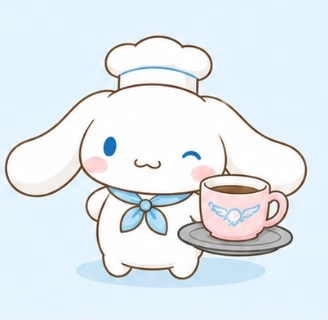 Cinnamoroll wearing a chef hat and serving a cup on a tray