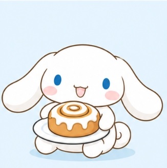 Cinnamoroll holding a fresh cinnamon roll on a plate
