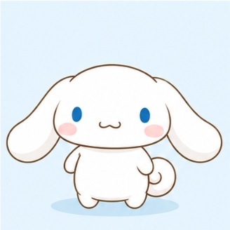 Cinnamoroll white puppy character standing with his blue eyes and curly tail
